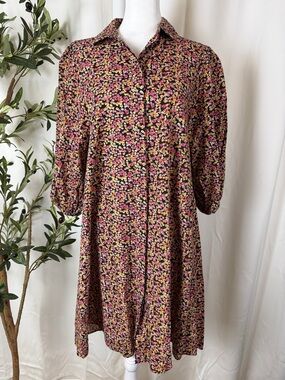 Zara Floral Midi Collar Shirt Dress Balloon Sleeves Relaxed Fit Sz XS (DJ1)